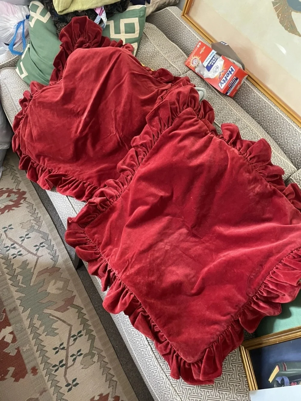 Vtg Ralph Lauren Pair Euro Shams Red Velvet Ruffle Aragon Guinevere